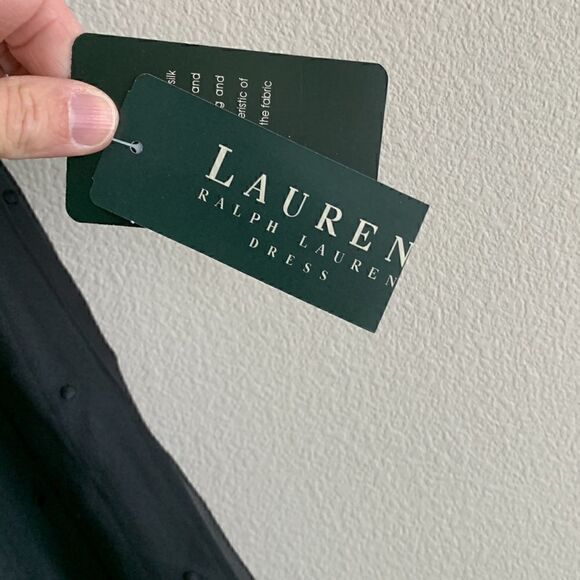 NWT Lauren Ralph Lauren Black 100% Silk Slip Gown Dress polka dot overlay Size 8 - Picture 6 of 10